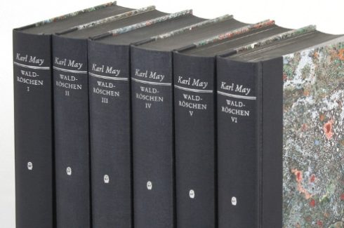 Historisch-kritische Ausgabe der Werke Karl Mays: Waldröschen oder die Rächerjagd rund um die Erde, sechs Bücher mit schwarzen Buchrücken